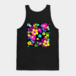 60's Retro Mod Small Flowers Multi on Black Tank Top